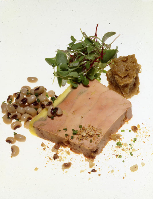Foie Gras Terrine With Sauternes-Onion Marmalade, Black-Eyed Pea Salad, And Hazelnuts