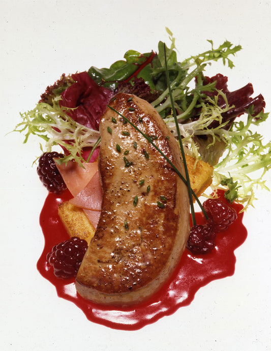 Foie Gras Saute On Polenta Cake With Country Ham and Blackberries